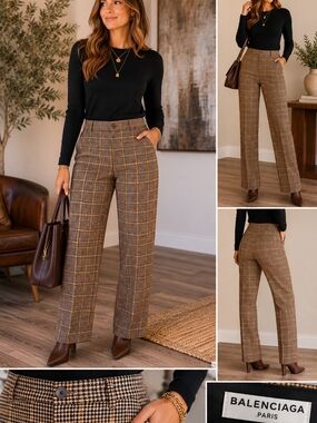 Balenciaga Brown Plaid High-Waist Wide-Leg Trousers